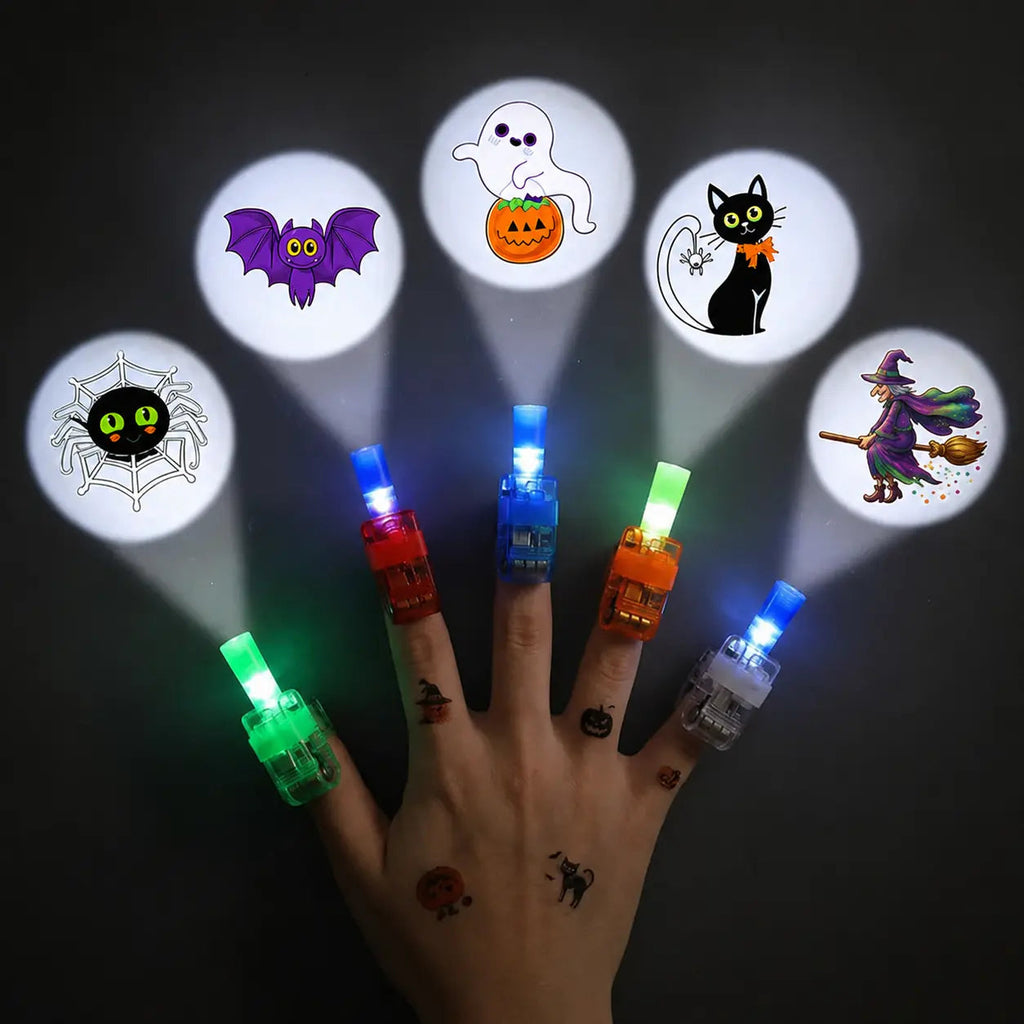 Finger lights projecting spooky cat, ghost and spider patterns