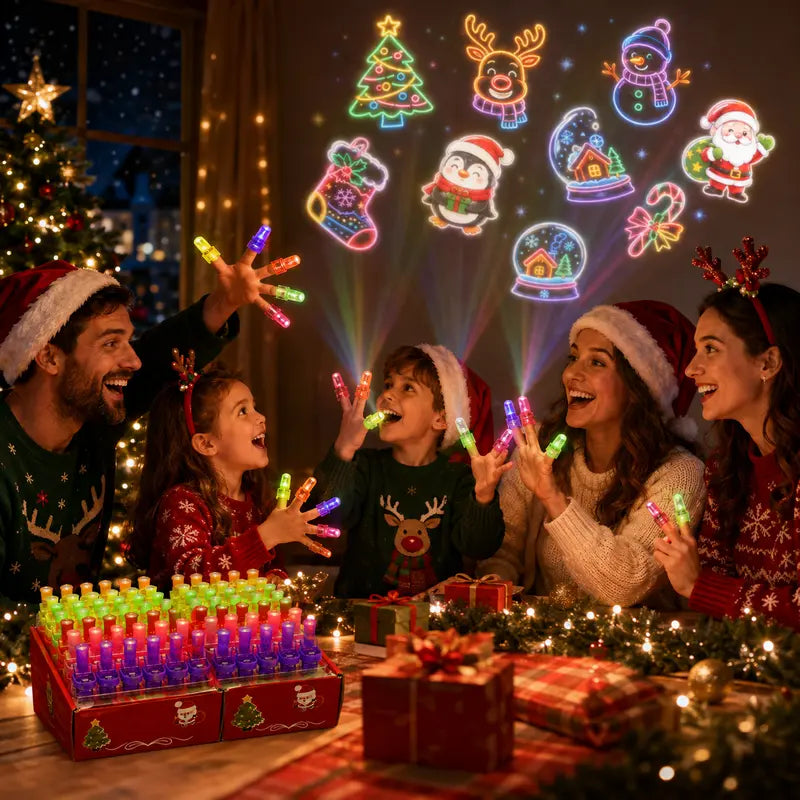 Friends using Christmas finger projector lights