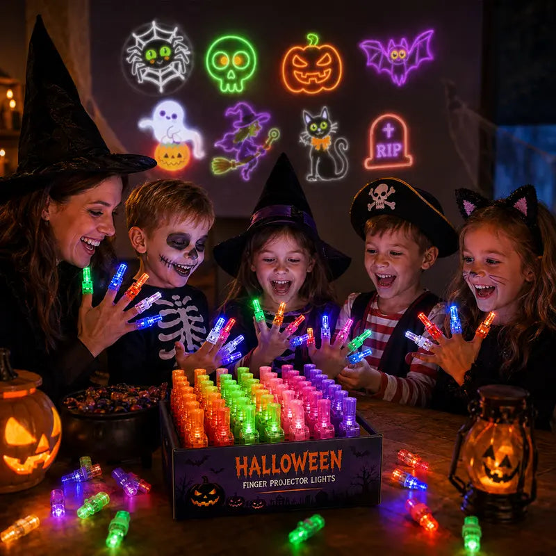 Kids at a Halloween party playing with finger projector lights