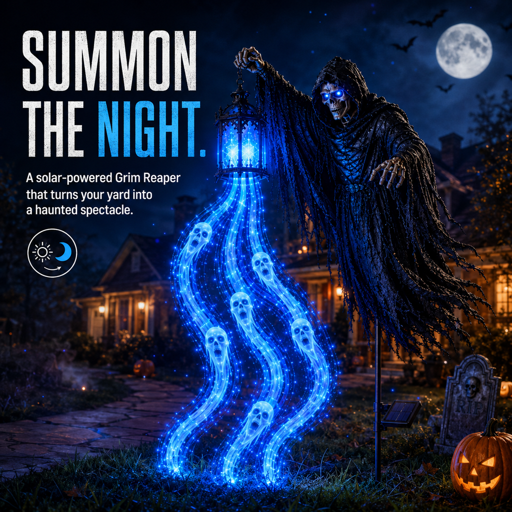 Solar grim reaper holding a lantern with glowing blue spirit lights