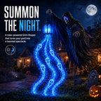 Solar grim reaper holding a lantern with glowing blue spirit lights
