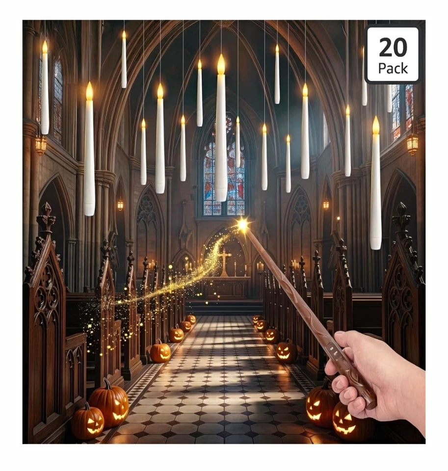 Wand remote lighting floating candles in a grand hall