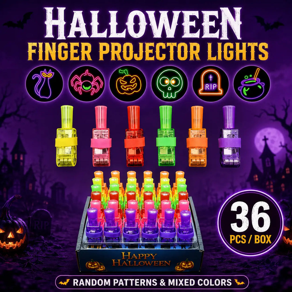 Box of 36 Halloween finger projector lights in mixed colors