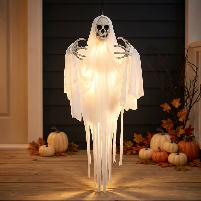 Glowing hanging skeleton ghost on a Halloween porch
