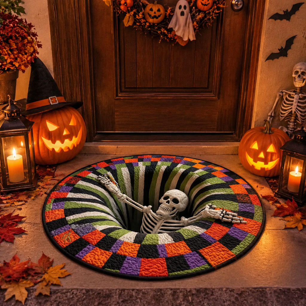 3D illusion rug with a skeleton climbing out, at a Halloween front door