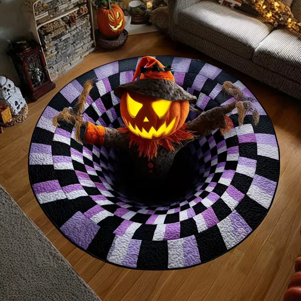 Pumpkin Scarecrow 3D illusion round rug