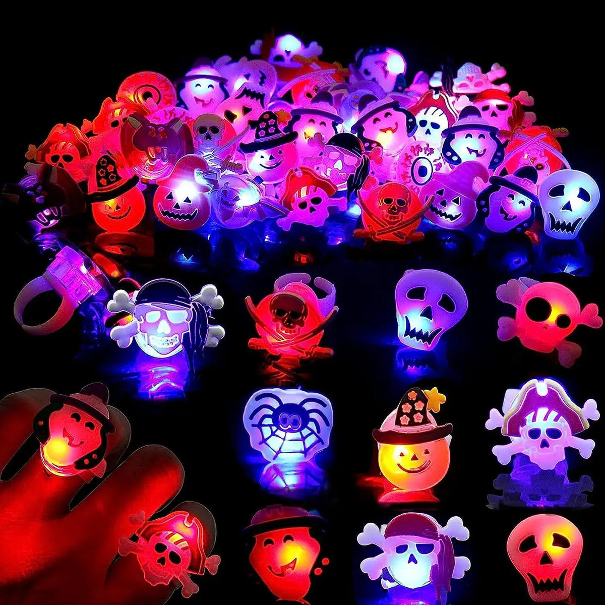 Light-up Halloween rings glowing in the dark