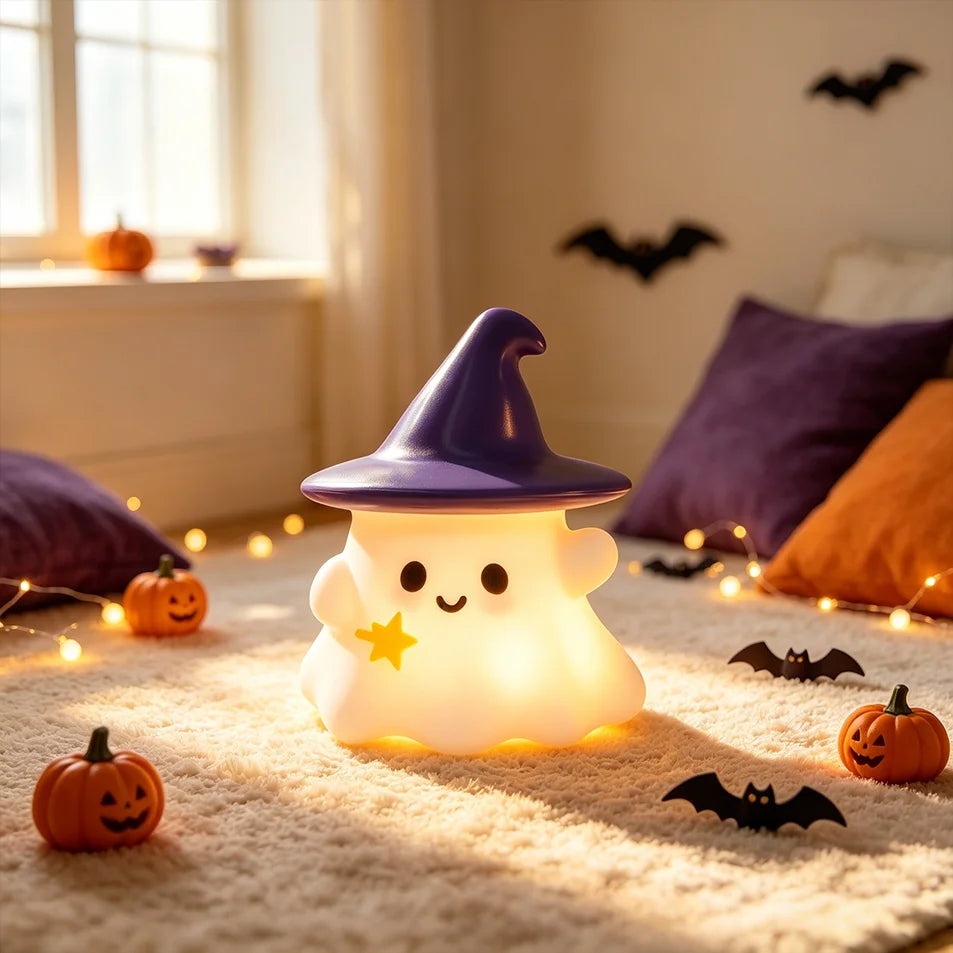 Witch Ghost night light glowing on a fluffy rug