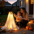 A family admiring the glowing ghost in the yard