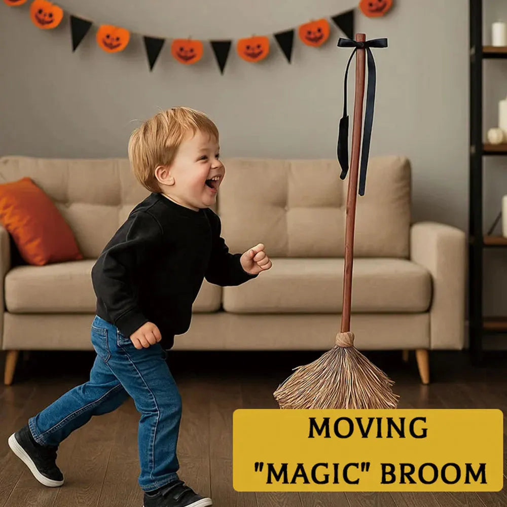 A child running from the moving magic broom
