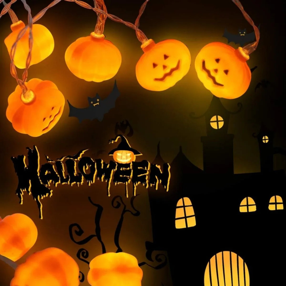 Pumpkin string lights glowing across a Halloween window