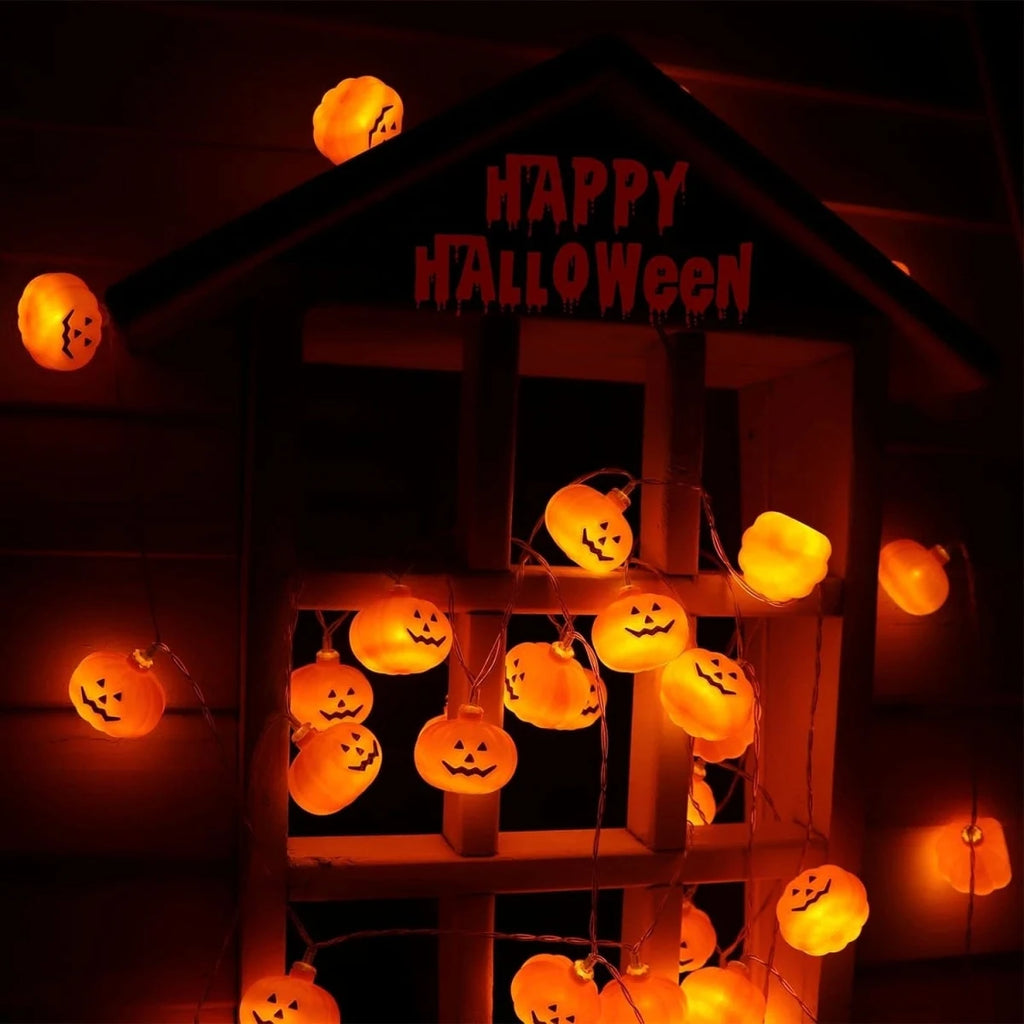 Pumpkin lights on a Happy Halloween wall