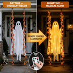 Swinging ghost lighting up a porch at night
