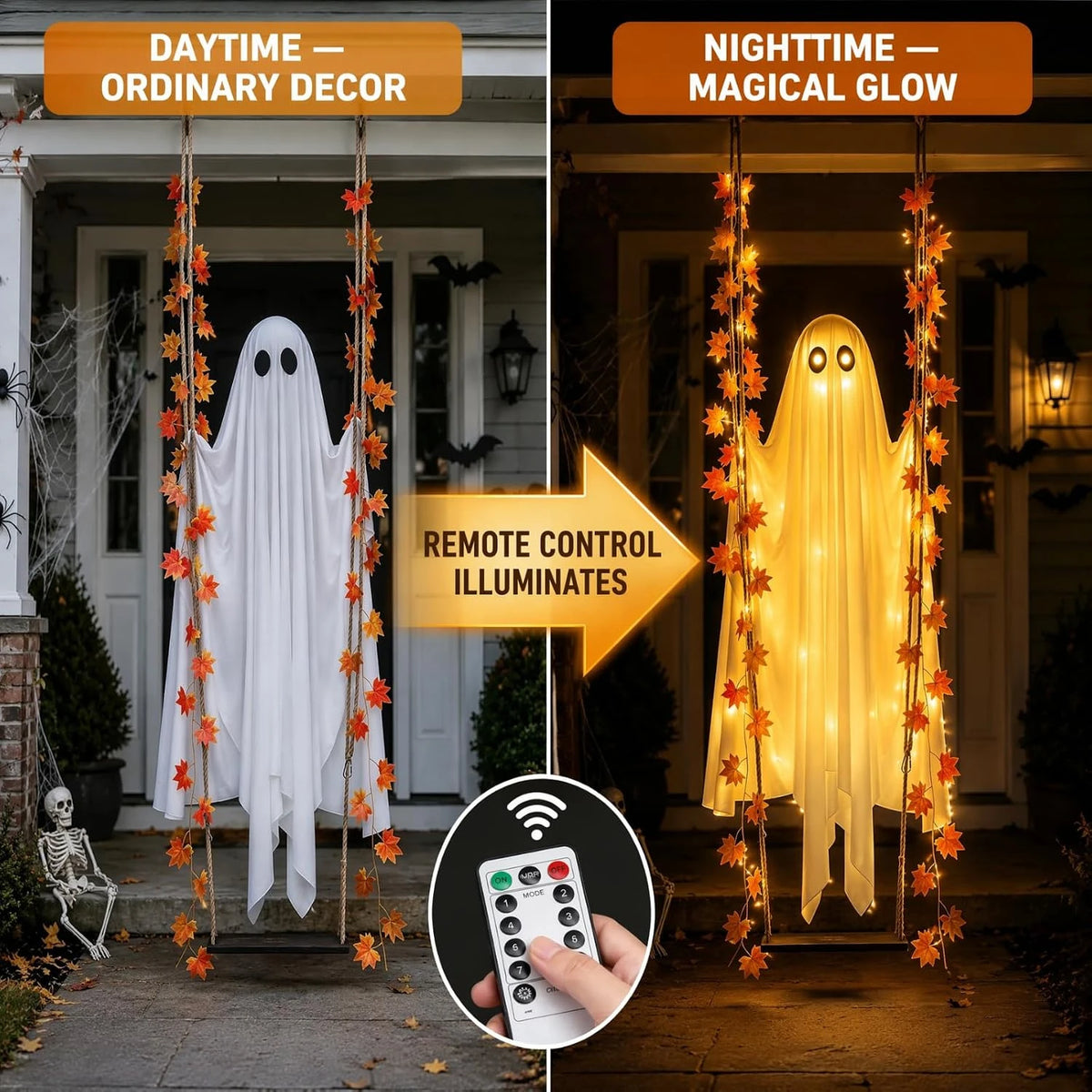 Swinging ghost lighting up a porch at night