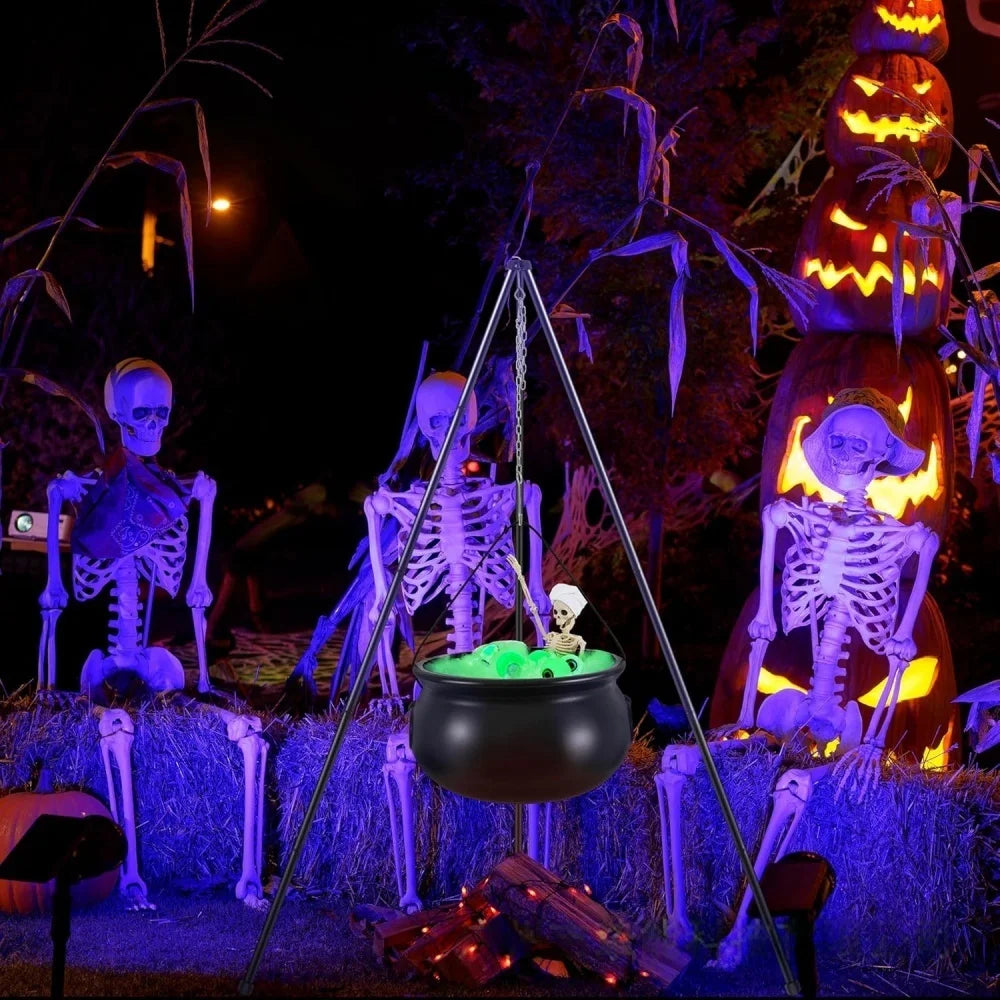 Tripod cauldron glowing in a purple-lit yard
