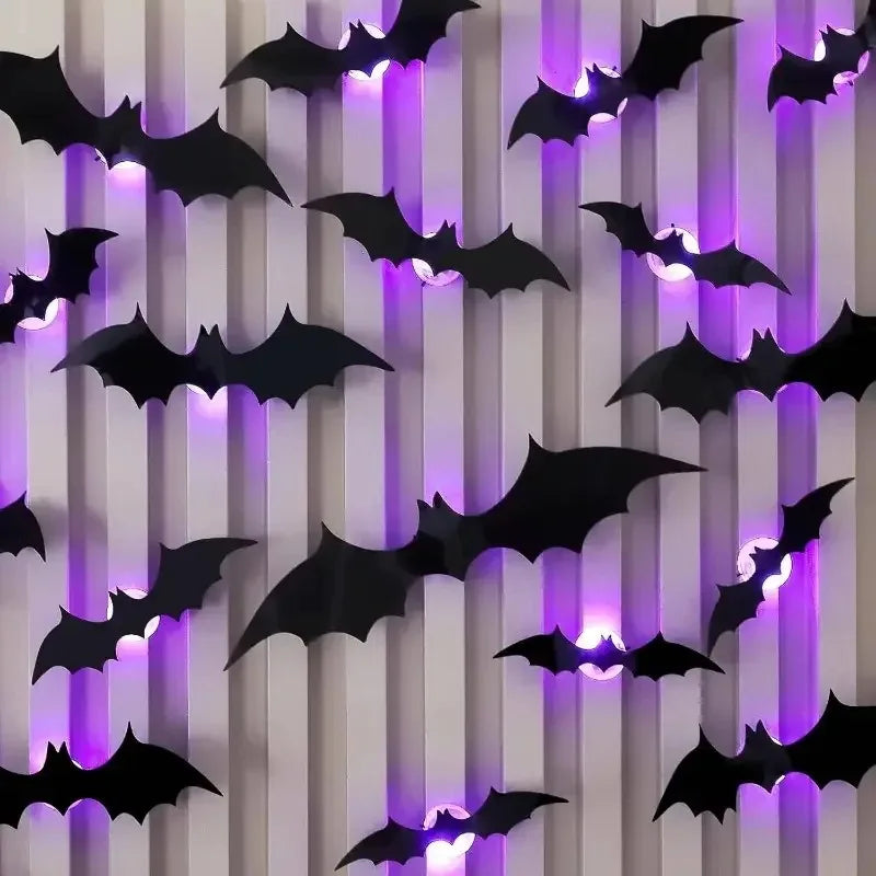 Swarm of 3D black bats on a wall lit with purple light