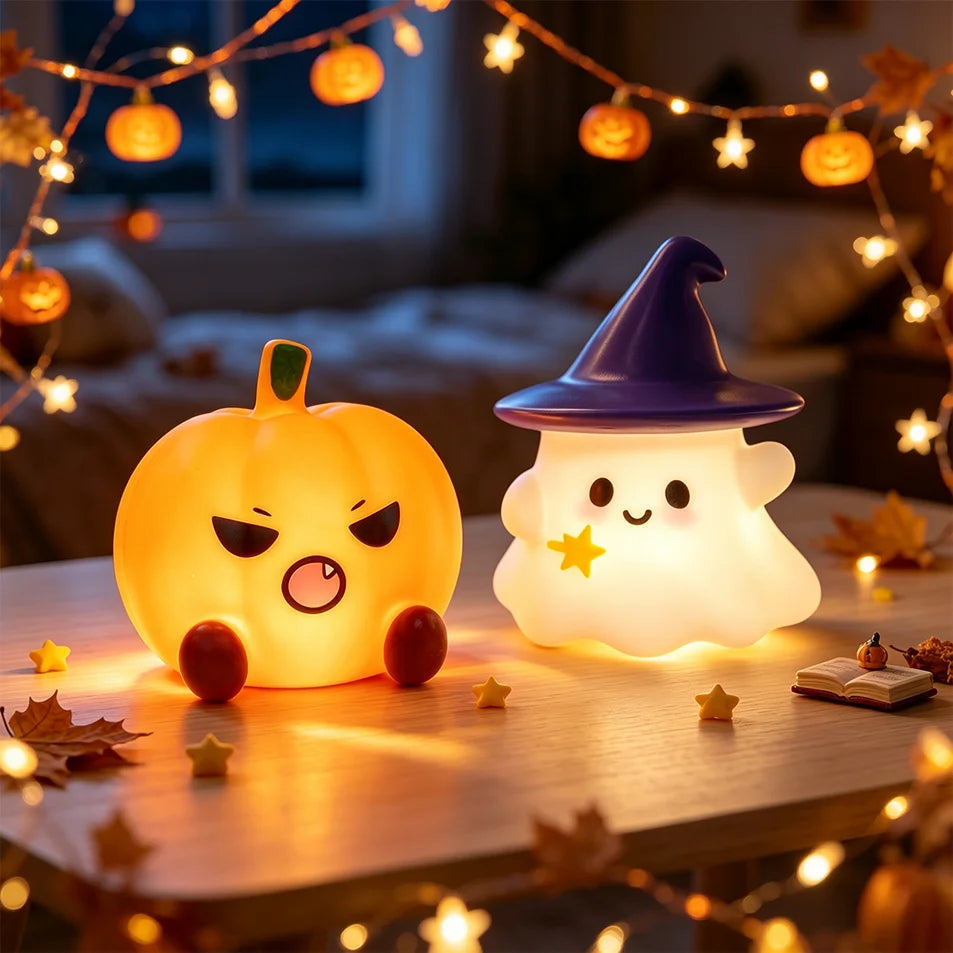 Glowing grumpy pumpkin and witch-hat ghost night lights on a cozy table