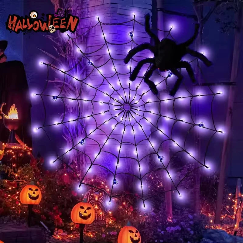 Purple spider web lights in a Halloween front yard