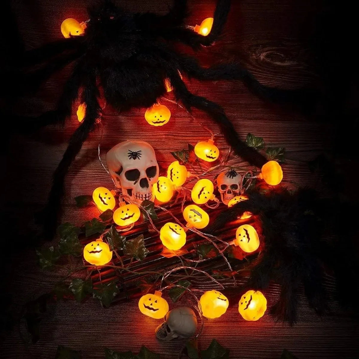 Glowing pumpkin garland at night
