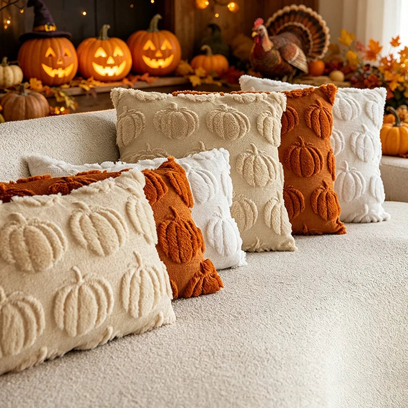 All four pumpkin pillow styles together