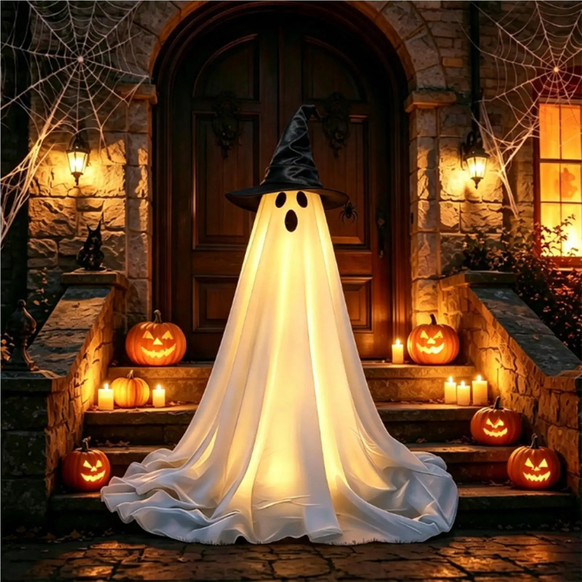 Glowing witch-hat ghost at a front door with jack-o'-lanterns