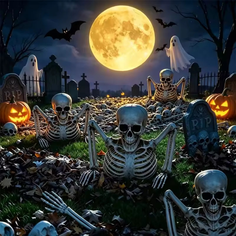 Skeletons rising from a moonlit Halloween graveyard