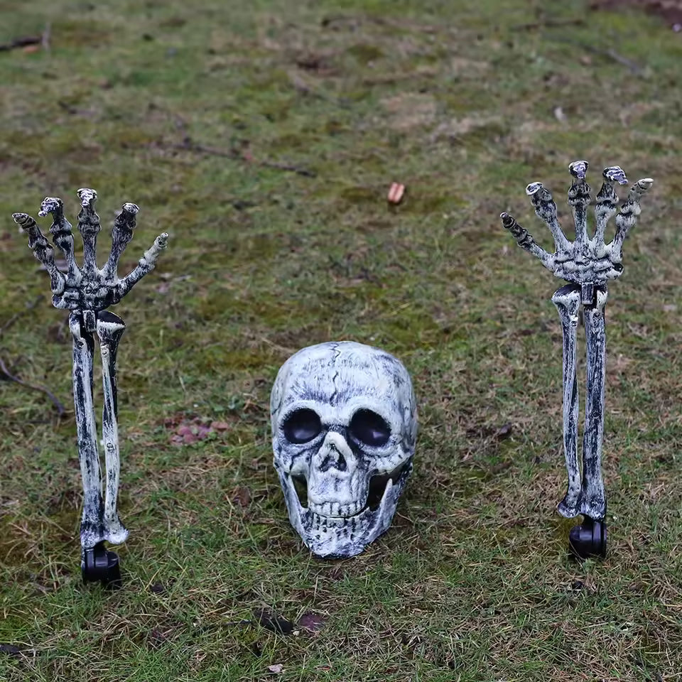 Skull and two skeleton arms pushed into the grass