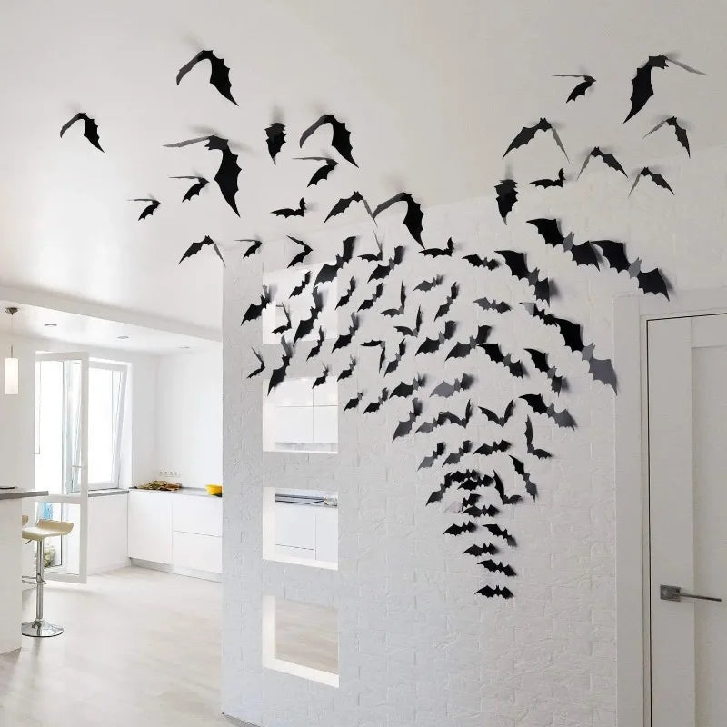 3D bats flying up a white wall and doorway