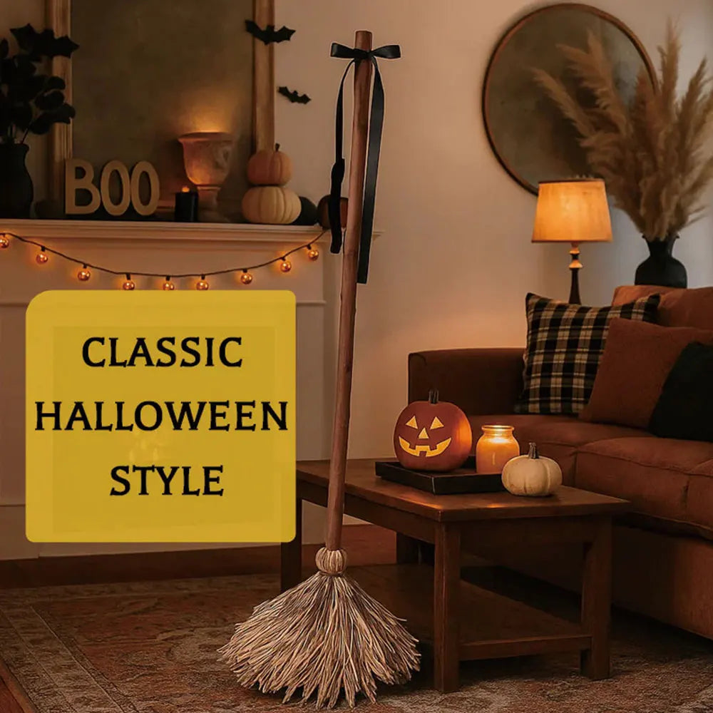 Classic witch's broom styled in a living room