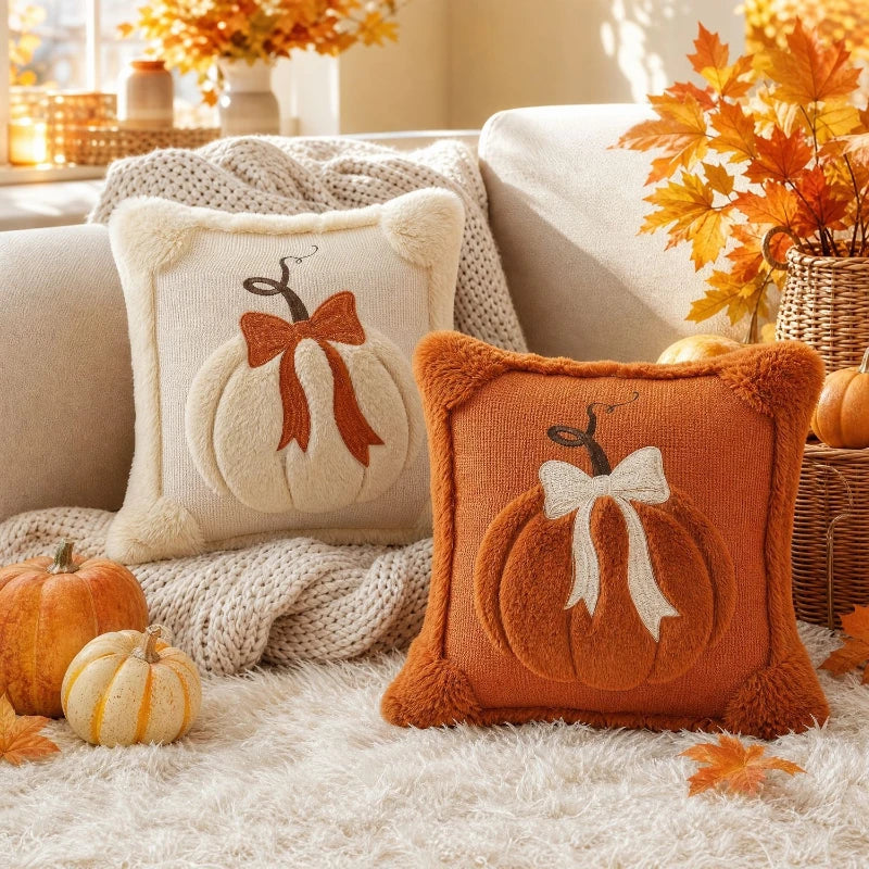 Plush pumpkin pillows on a cozy fall sofa