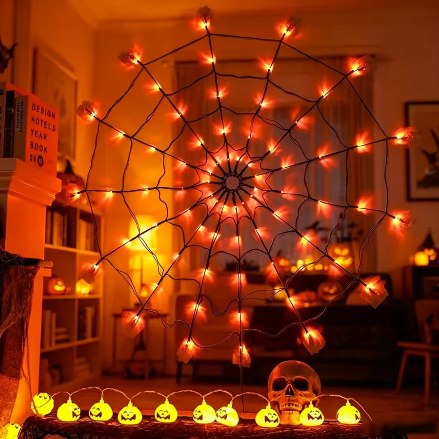 Orange spider web lights on a living room wall