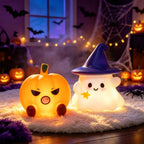 Ghost and pumpkin night lights together in a Halloween bedroom