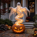 Glowing swirling ghost rising from a jack-o-lantern on a front porch