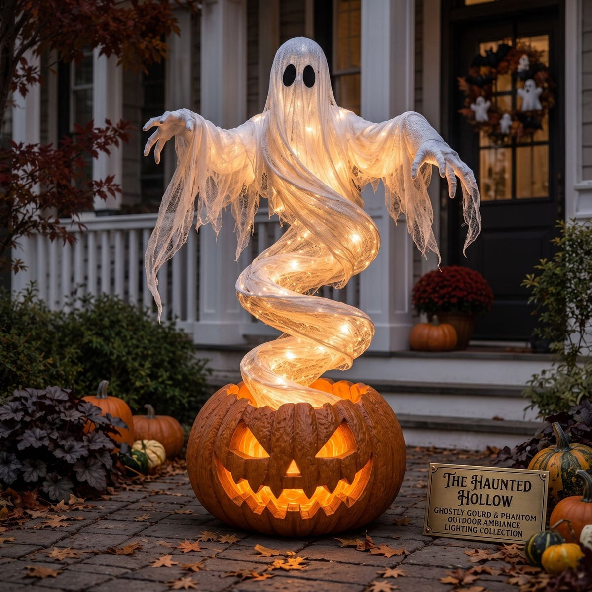 Glowing swirling ghost rising from a jack-o-lantern on a front porch