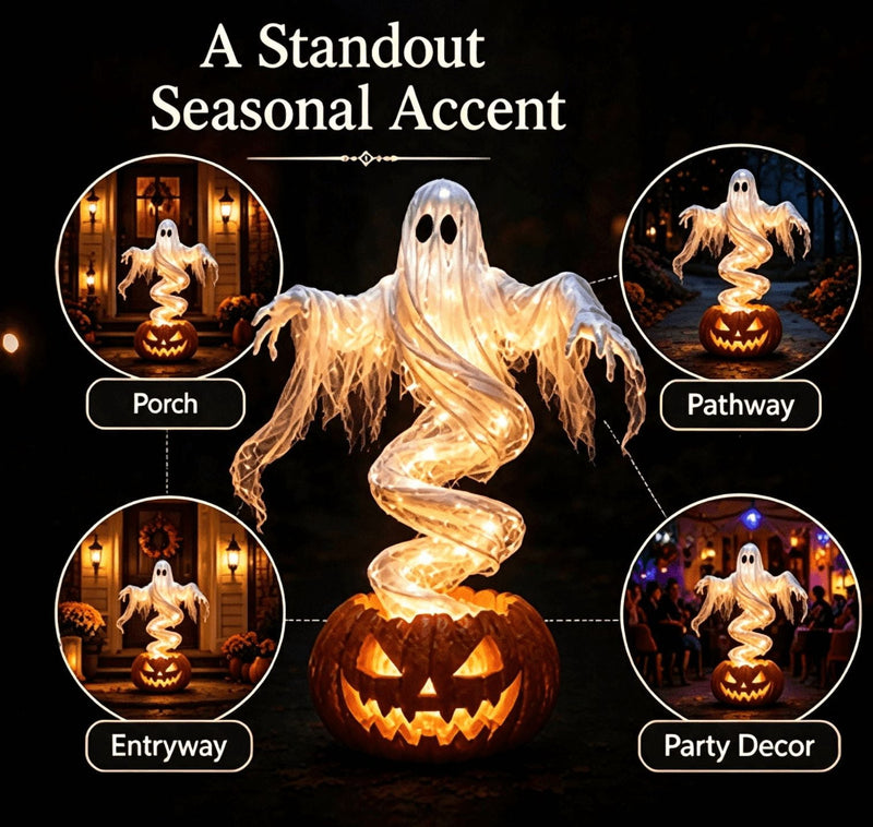 Swirling Ghost Pumpkin Yard Lamp