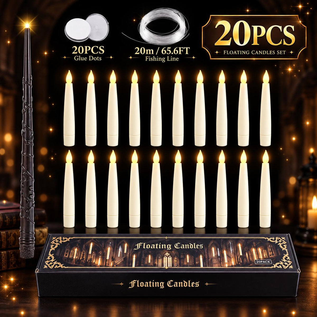 20-pack of floating candles with wand remote, fishing line and glue dots