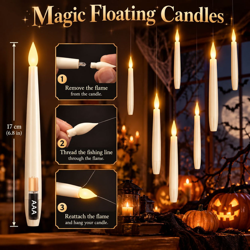 Floating candles glowing above a Halloween table