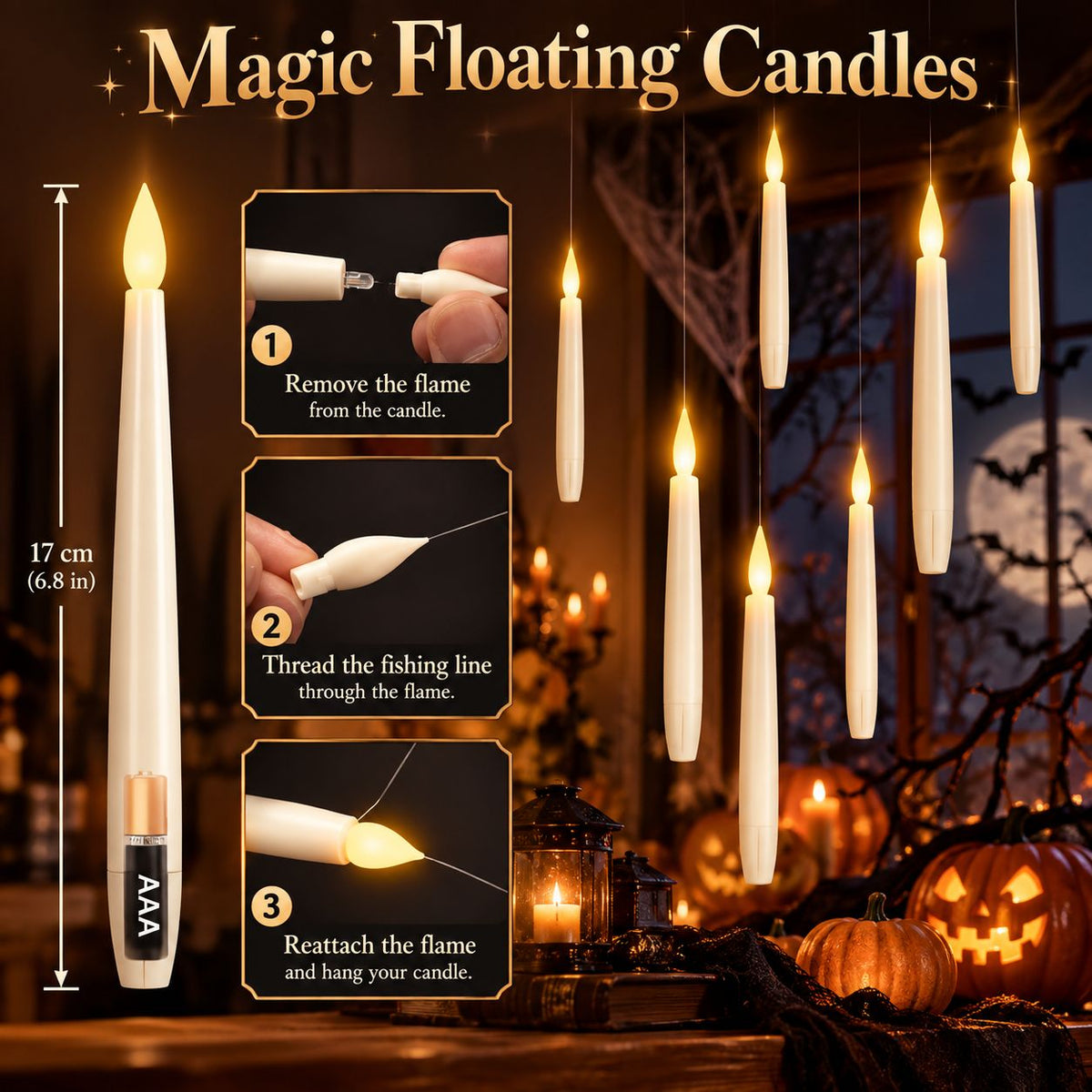 Floating candles glowing above a Halloween table