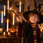 Young wizard pointing the wand at floating candles