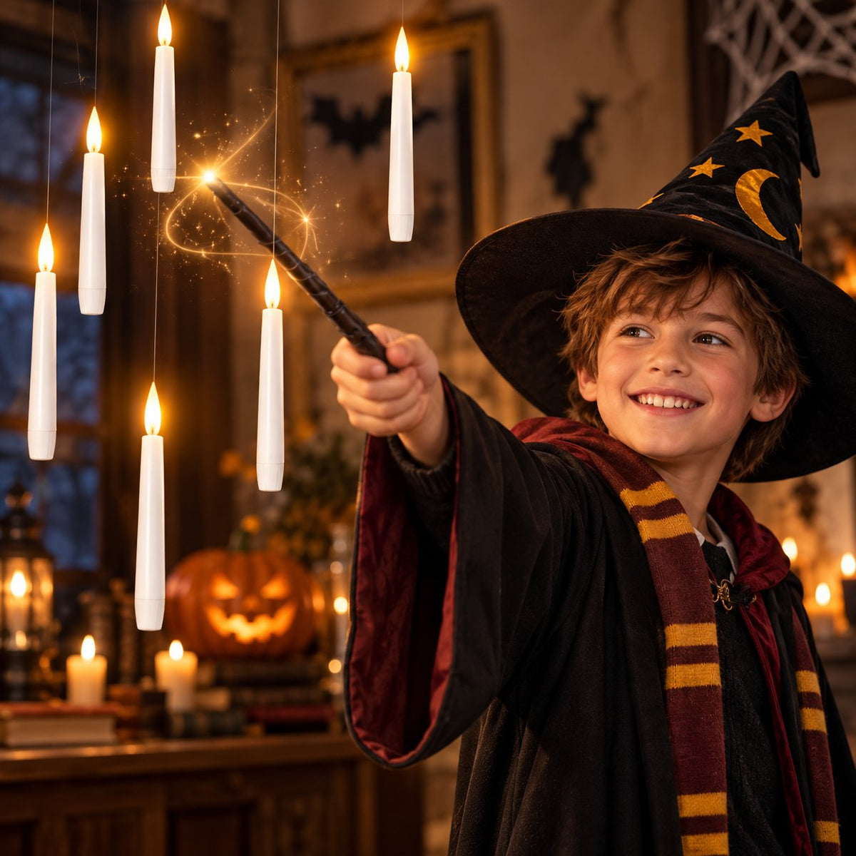 Young wizard pointing the wand at floating candles